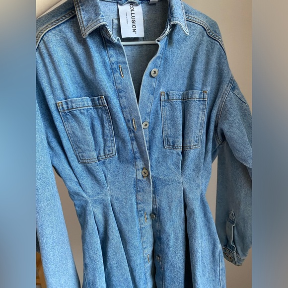 Collusion Pleated Denim Blue Dress Jacket Long Sleeve size US 2 (like XS / S) - Picture 6 of 14